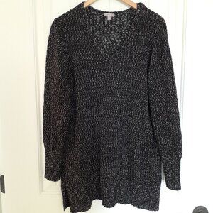 J. Jill V-Neck Black & Silver Marled Cotton-Blend Open Knit Sweater Size XL